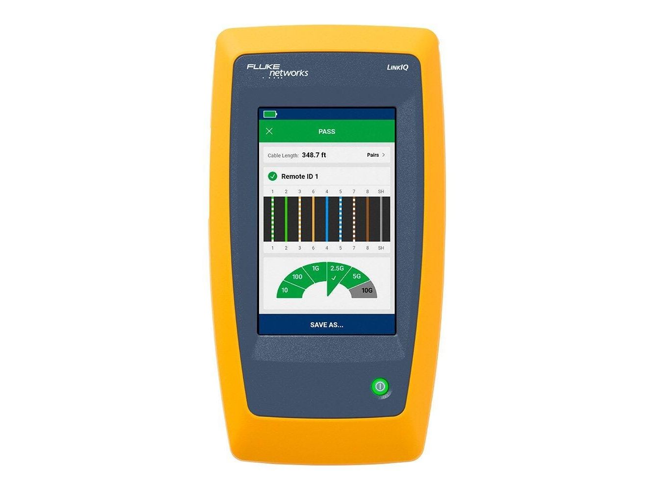 Handheld cable tester showing a passing cable test